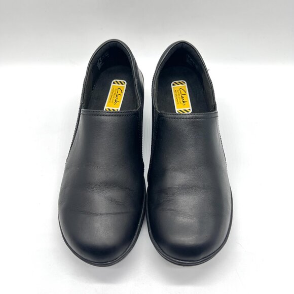 6.5W 6.5 WIDE WIDTH Clarks Black Leather Slip On Work Clogs Shoes - Picture 3 of 14